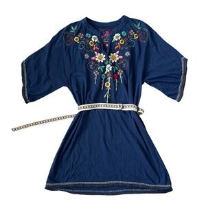 Johnny Was JW Los Angeles Embroidered Belted Mini Dress Tunic | Blue | Small